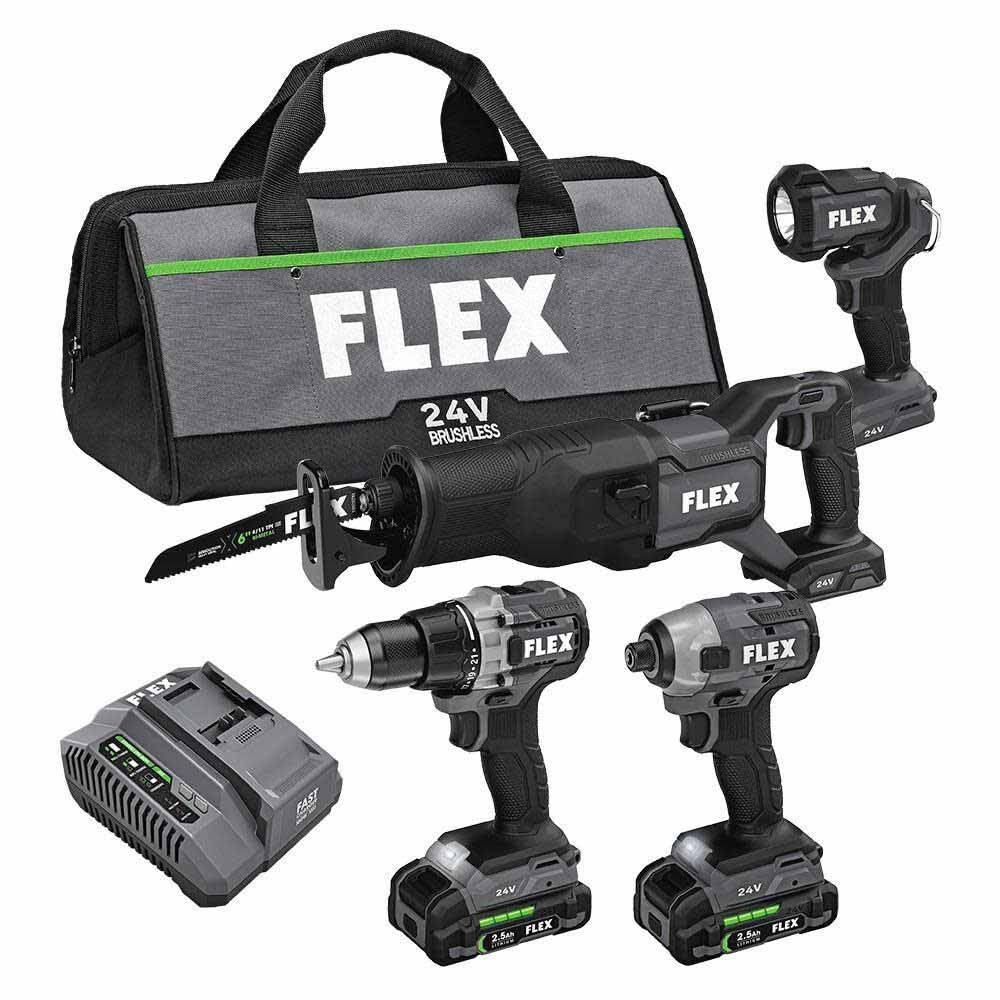 Flex FXM401-2A 4 Tool Combo Kit, Drill Driver, Impact Driver, Reciprocating Saw and Work Light - Mactool Shop