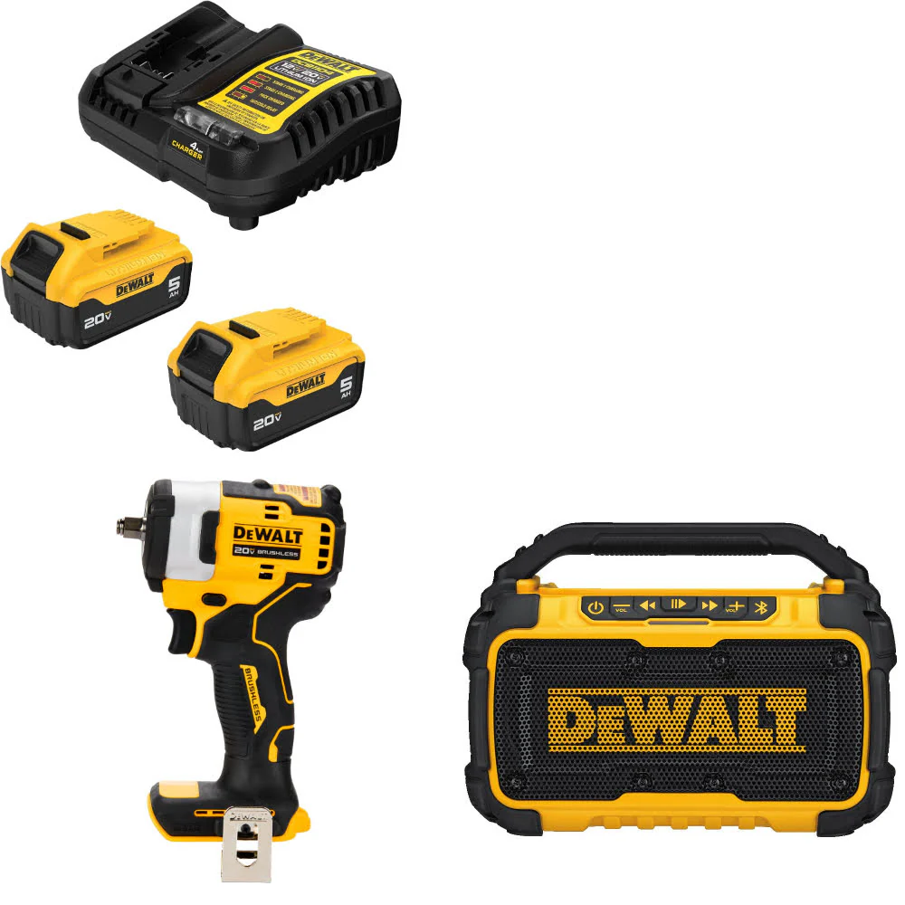 DeWalt DCB205-2C 20V Starter Kit W/ DCF913B 20V Impact Wrench & 12V/20V Speaker - Mactool Shop