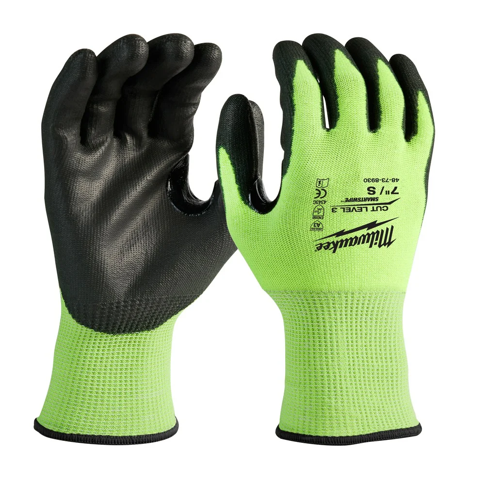 Milwaukee 48-73-8930 High Visibility Cut Level 3 Polyurethane Dipped Safety Gloves - Small - Mactool Shop