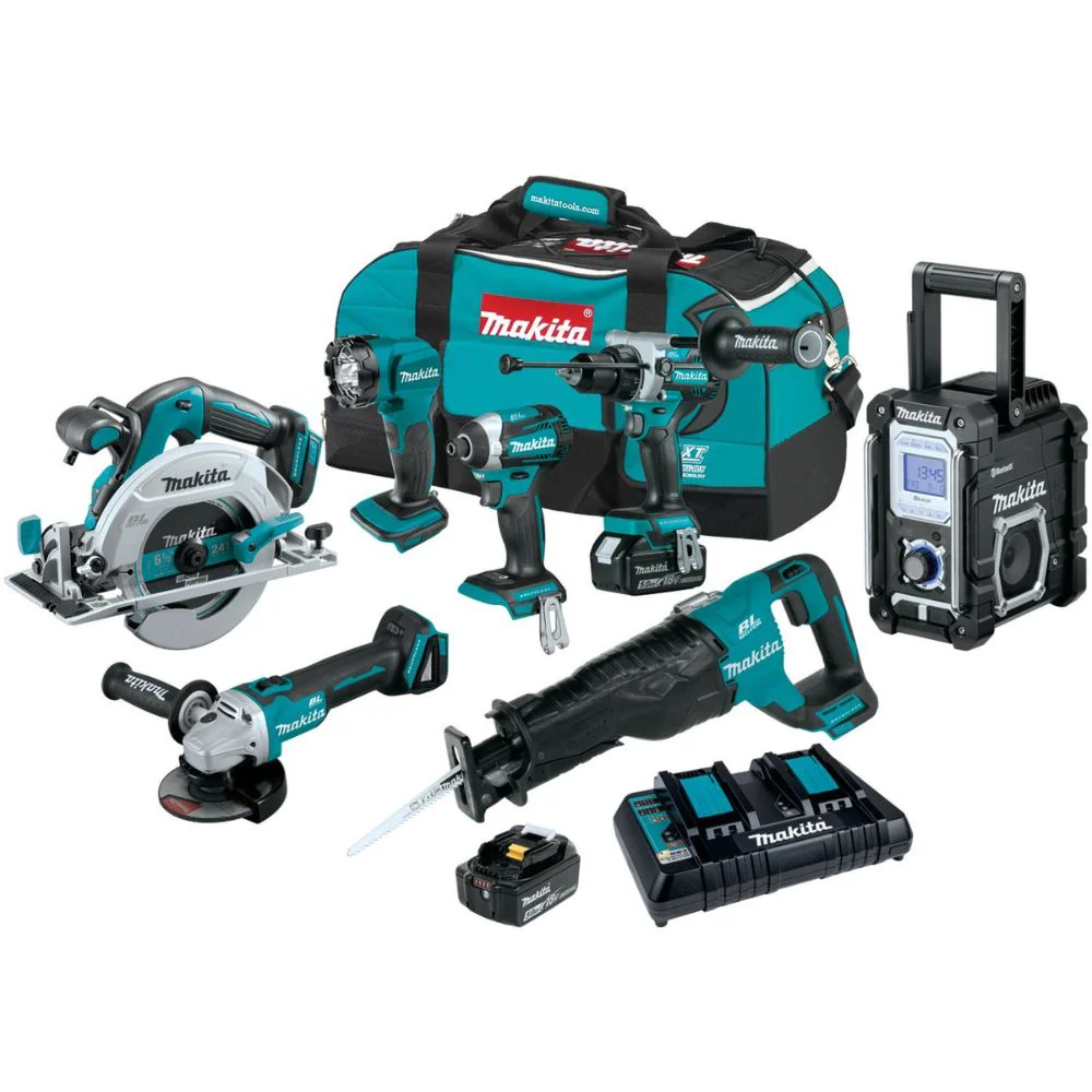 Makita XT707PT 18V LXT Lithium-Ion Brushless Cordless 7 Pc. Combo Kit, XPH14Z, XDT14Z, XRJ05Z, XSH03Z, XAG04Z, XRM06B, DML815, dual port charger, bag (5.0Ah) - Mactool Shop