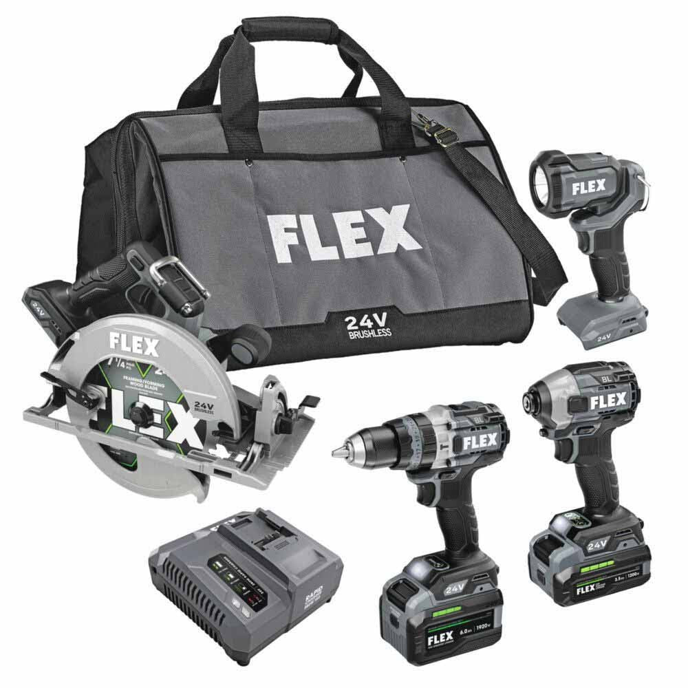 Flex FXM403-2G 4 Tool Combo Kit, Turbo Hammer Drill Driver, Impact Driver Quick Eject , 7 1-4 Circ Saw and Work Light, Stacked-Lithium - Mactool Shop