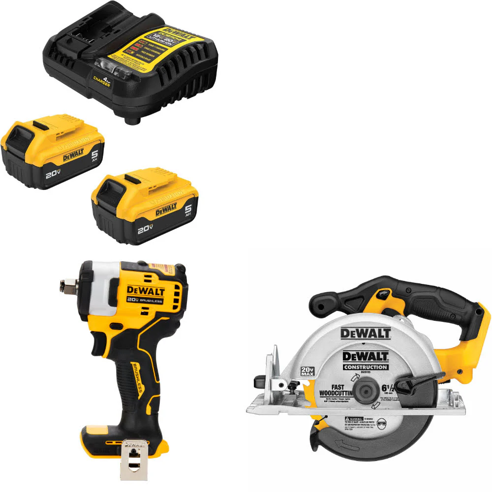 DeWalt DCB205-2C 20V Max Starter Kit W/ DCF911B 20V Impact Wrench & Circ Saw - Mactool Shop
