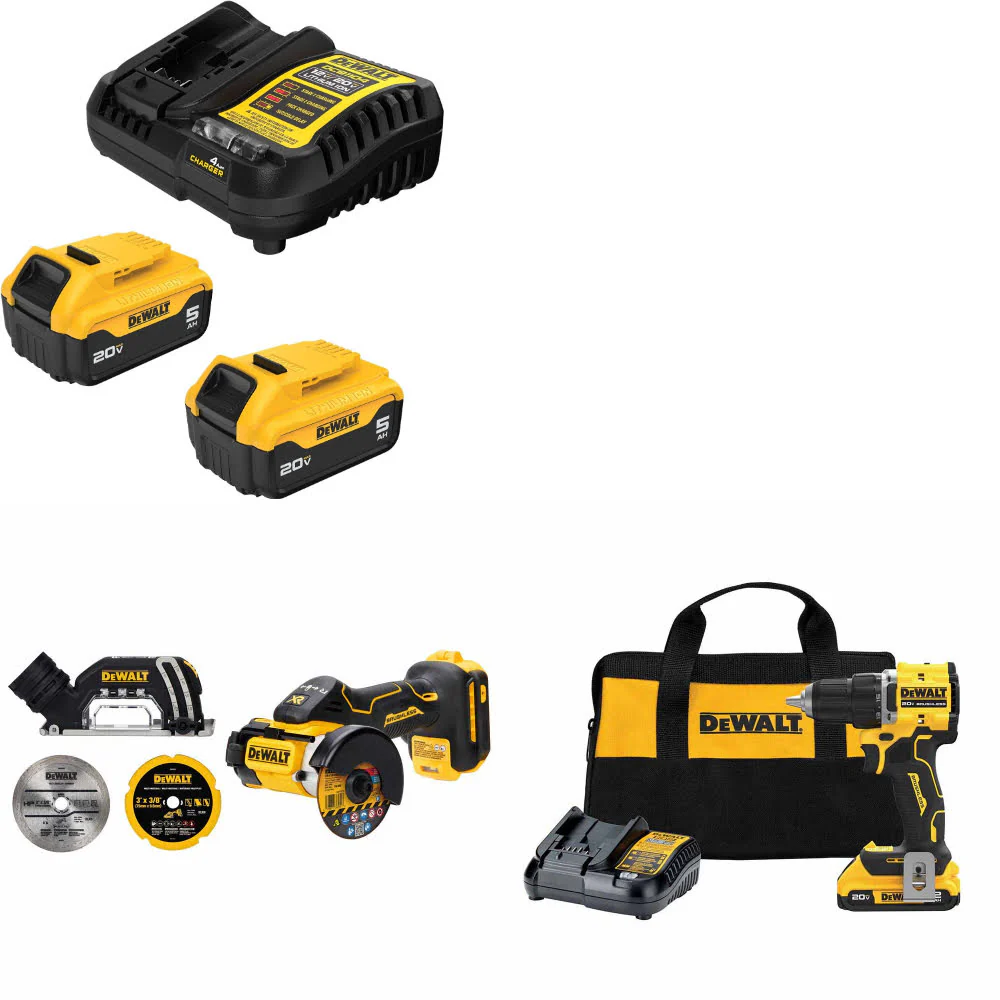 DeWalt DCB205-2C 20V Starter Kit W/ DCS438B 20V Cut-Off Tool & Drill/Driver Kit - Mactool Shop