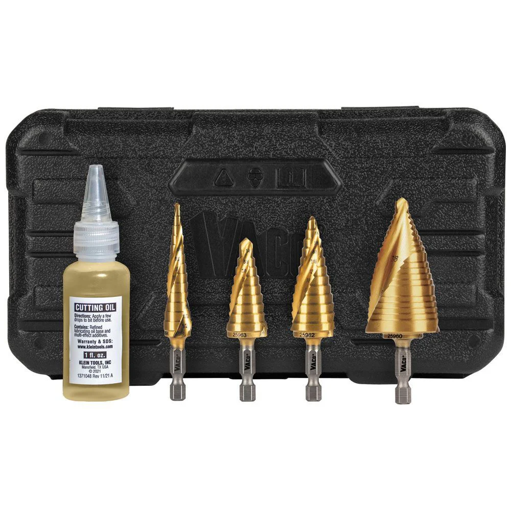 Klein 25950 Step Bit Kit, Spiral Double-Fluted, VACO, 4-Piece - Mactool Shop