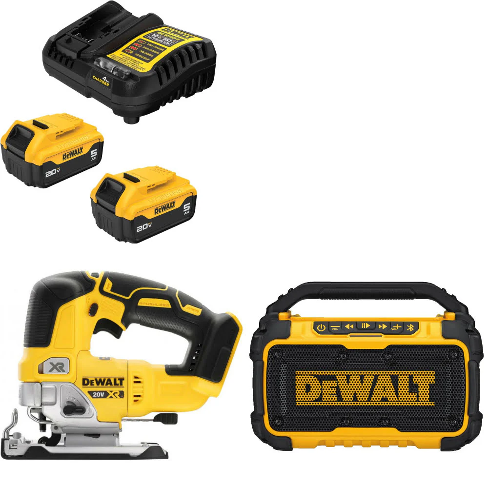 DeWalt DCB205-2C 20V Max Starter Kit W/ DCS334B 20V Jig Saw & 12V/20V Speaker - Mactool Shop