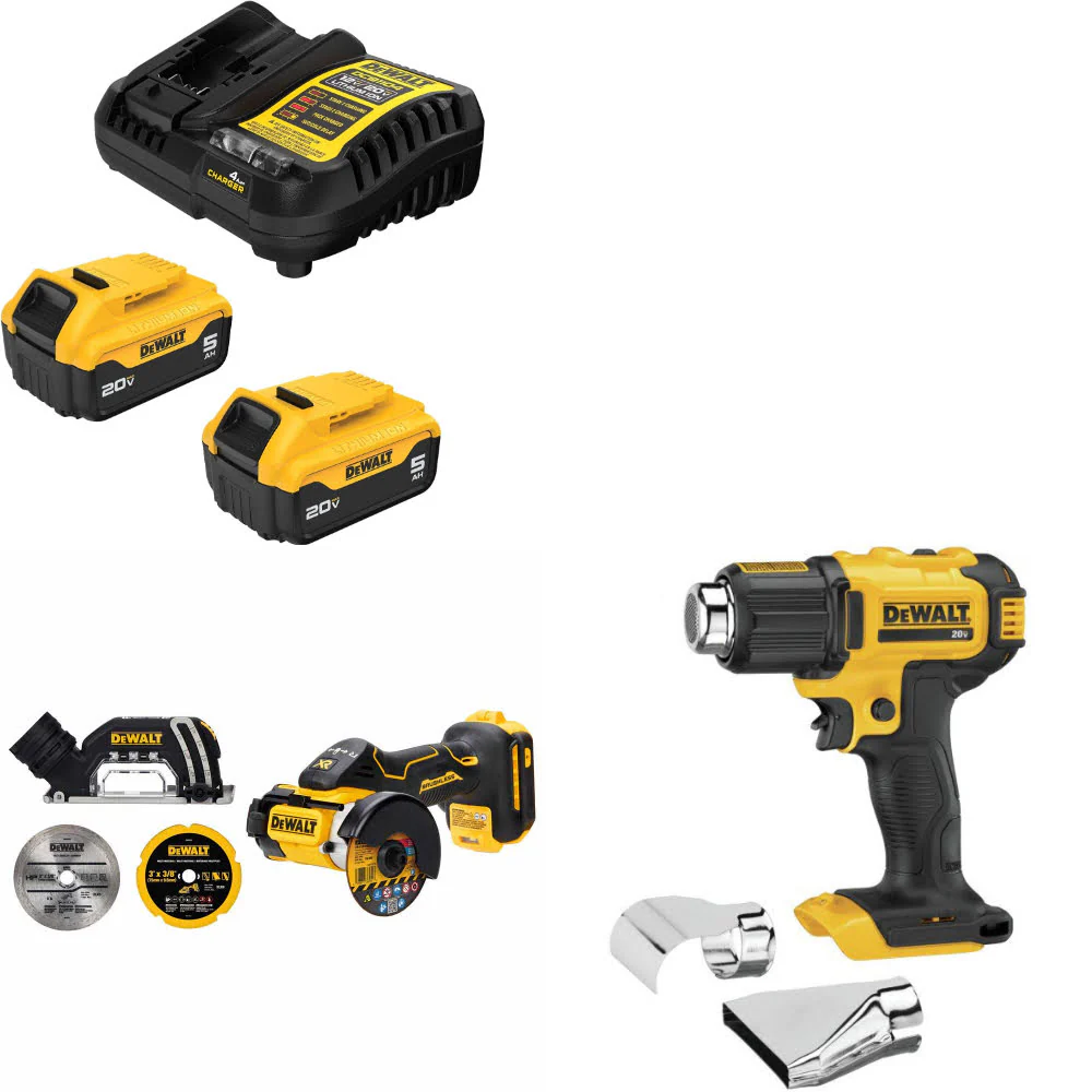 DeWalt DCB205-2C 20V Max Starter Kit W/ DCS438B 20V Cut-Off Tool & Heat Gun - Mactool Shop
