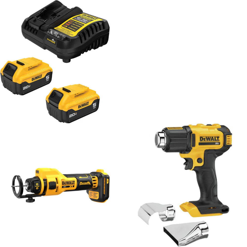 DeWalt DCB205-2C 20V Max Starter Kit W/ DCE555B 20V Cut-Out Tool & Heat Gun - Mactool Shop