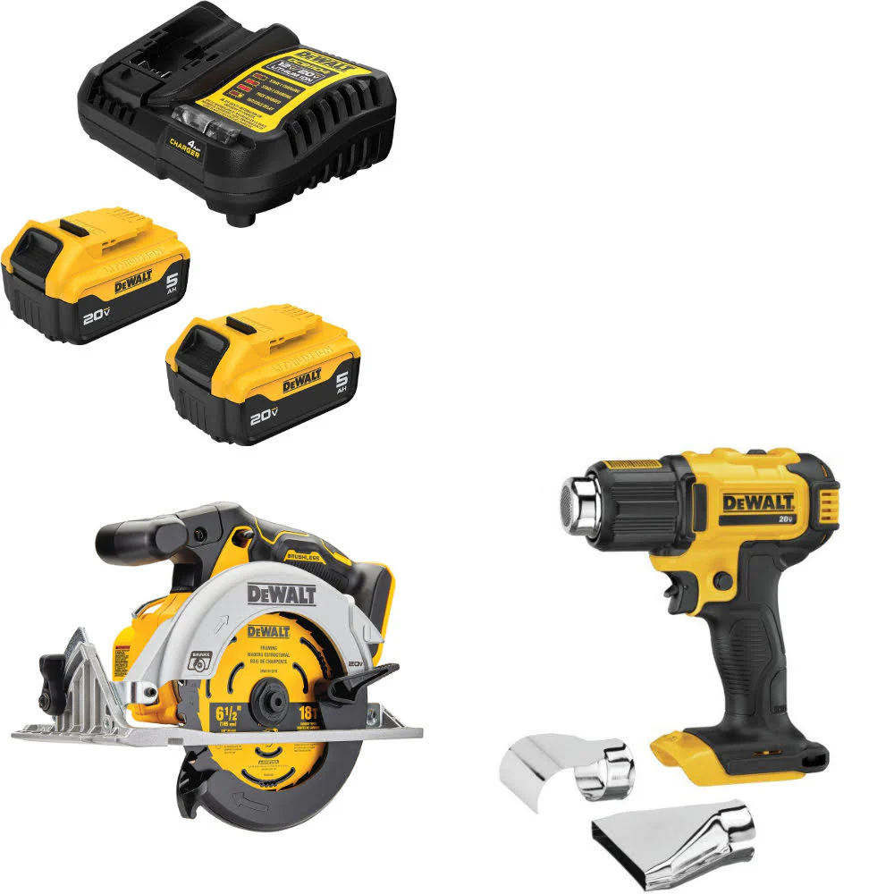 DeWalt DCB205-2C 20V MAX Starter Kit W/ DCS565B 20V Circ Saw & Heat Gun, Bare - Mactool Shop