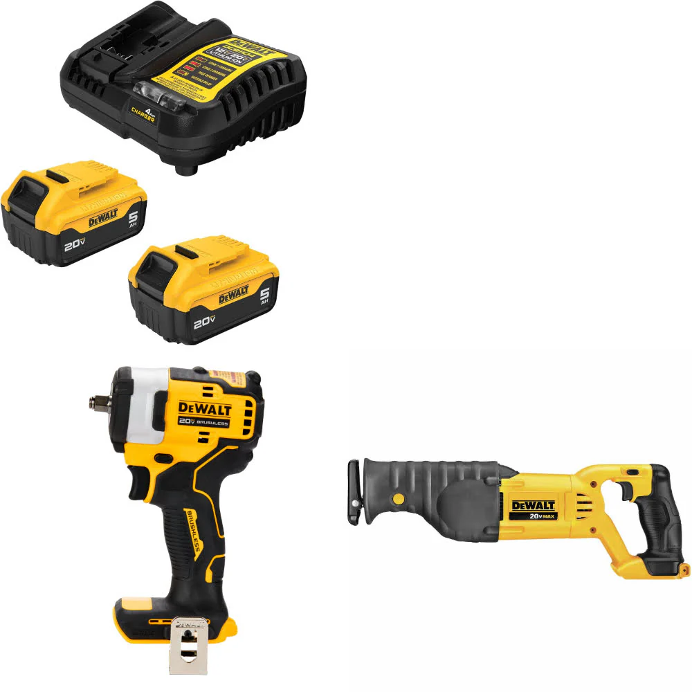 DeWalt DCB205-2C 20V Starter Kit W/ FREE DCF913B 20V Impact Wrench & Recip Saw - Mactool Shop
