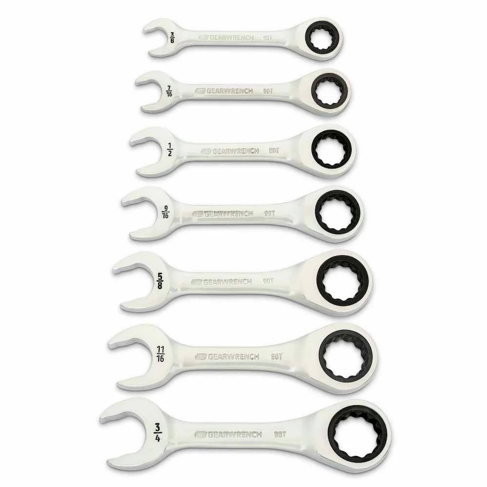 GearWrench 86858 7 Piece 90-Tooth 12 Point SAE Stubby Ratcheting Combination Wrench Set - Mactool Shop