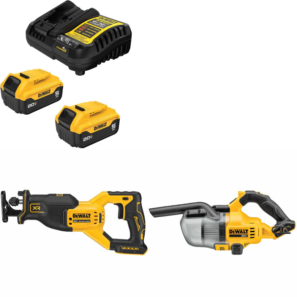 DeWalt DCB205-2C 20V MAX Starter Kit W/ DCS382B 20V Recip Saw & 20V Vacuum, Bare - Mactool Shop