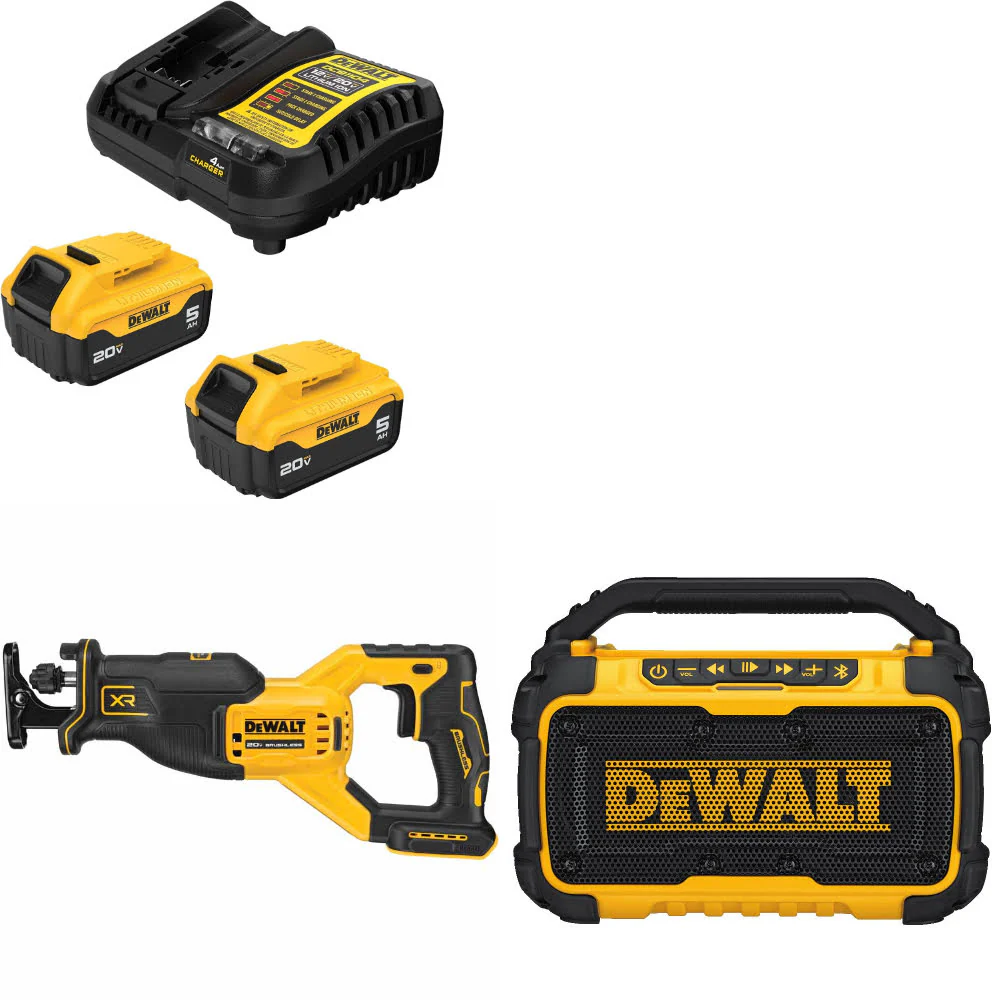 DeWalt DCB205-2C 20V MAX Starter Kit W/ DCS382B 20V Recip Saw & 12V/20V Speaker - Mactool Shop