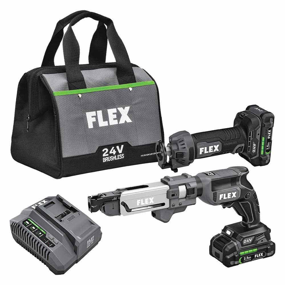 Flex FXM203-2A 24V Brushless 2 Tool Combo Kit Drywall Screw Gun with magazine and Cut Out Tool - Mactool Shop