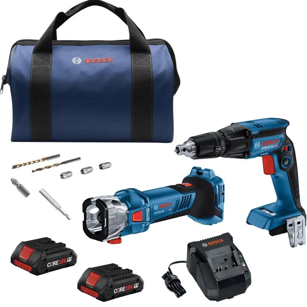 Bosch GXL18V-291B25 18V 2-Tool Brushless Combo Kit w/ Screwgun (GTB18V-45N), Cutout Tool (GCU18V-30N) w/ (2) 4.0 Ah CORE Compact Batteries - Mactool Shop