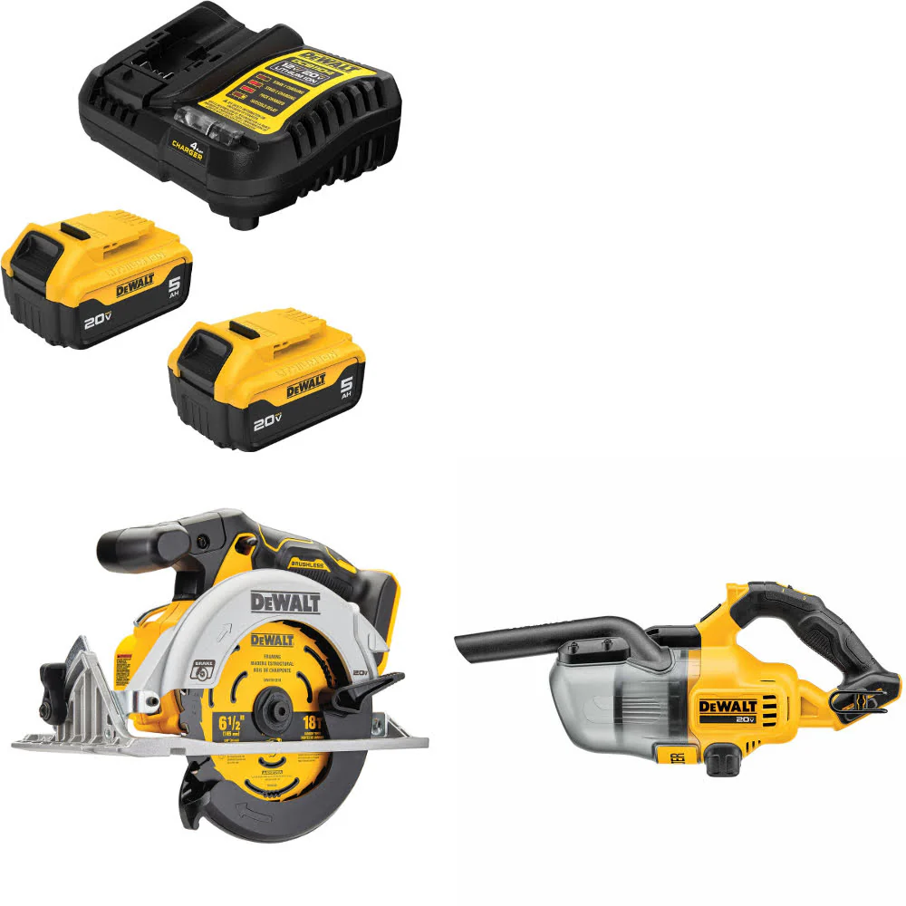 DeWalt DCB205-2C 20V MAX Starter Kit W/ DCS565B 20V Circ Saw & 20V Vacuum, Bare - Mactool Shop