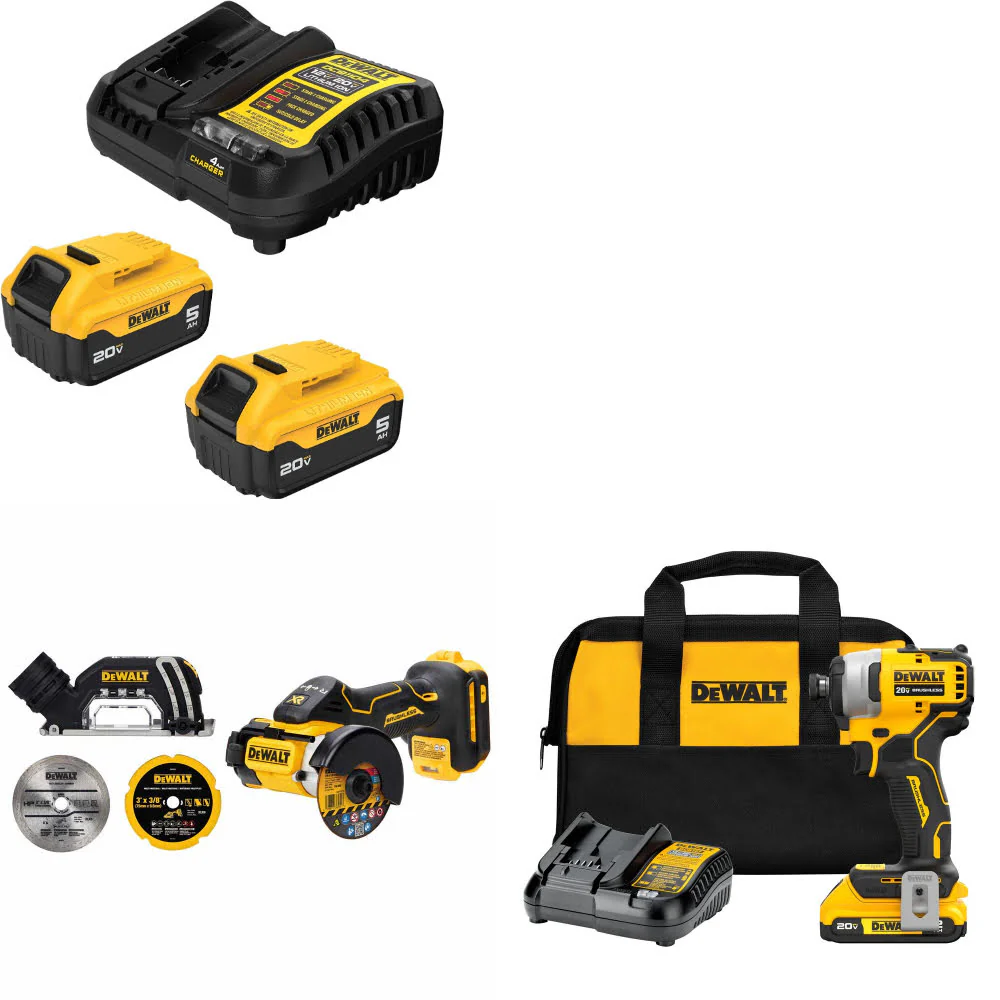 DeWalt DCB205-2C 20V Starter Kit W/ DCS438B 20V Cut-Off Tool & Impact Driver Kit - Mactool Shop