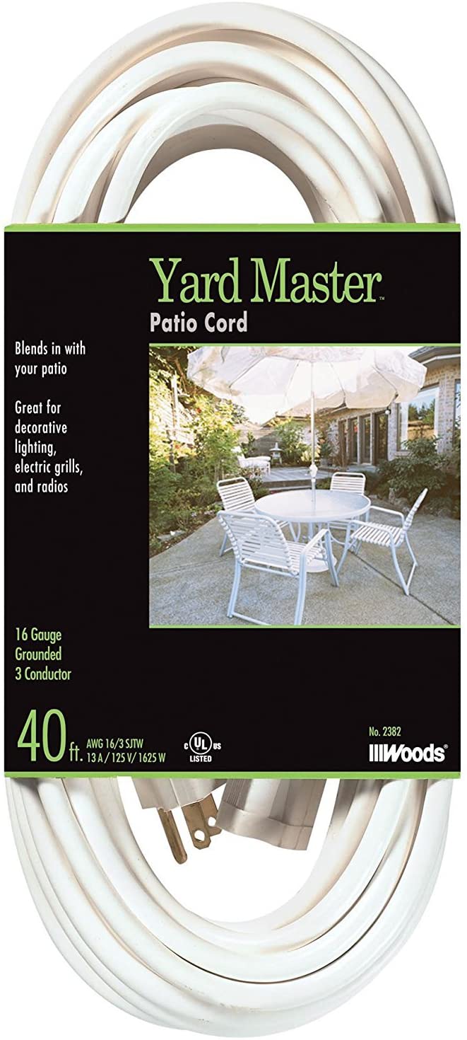 Yard Master 992382 White Patio 40-Foot, 3-Pronged, 16 Gauge Extension Cord, 13 AMPS, 125 Volts, - Mactool Shop