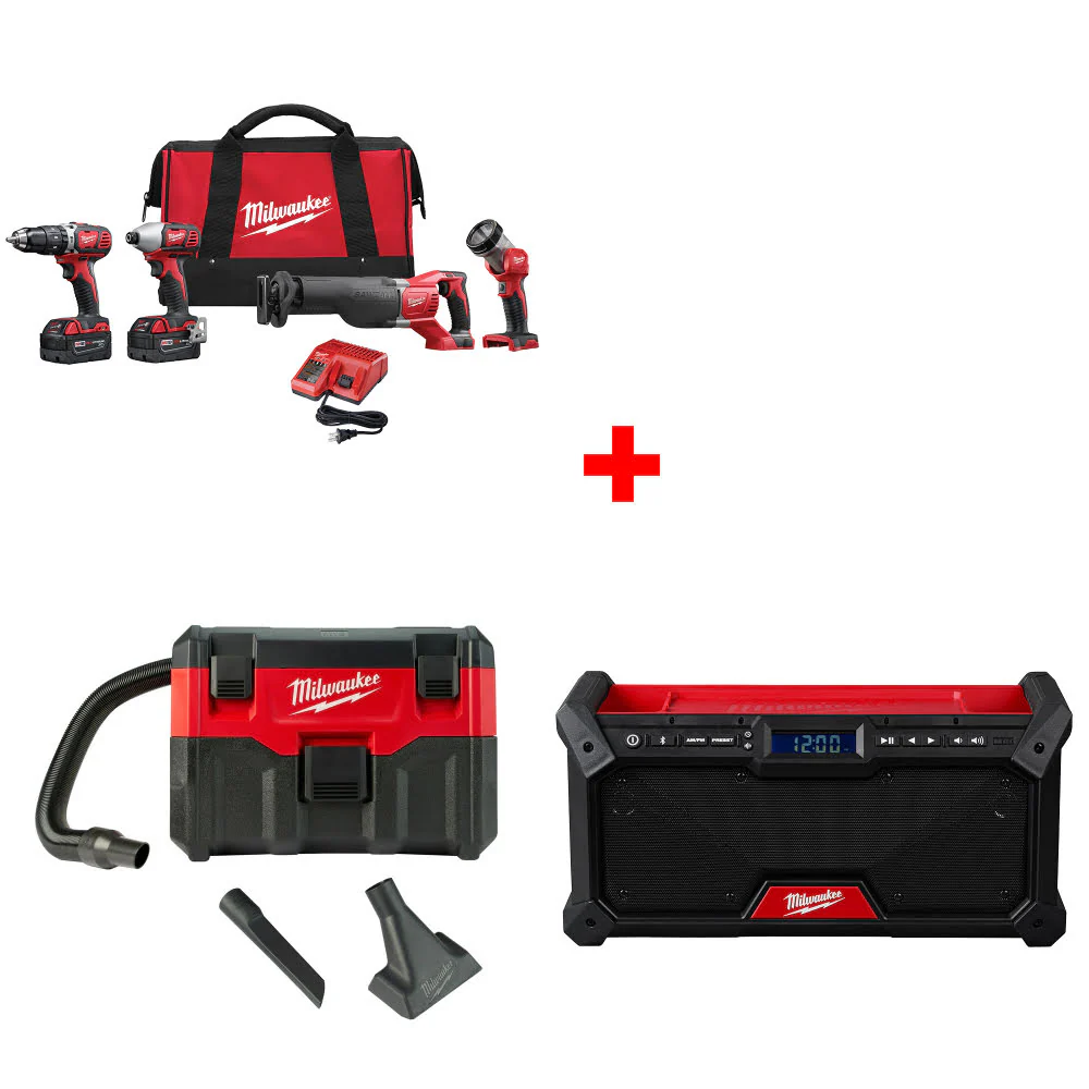 Milwaukee 2696-24 M18 4-Tool Combo Kit W/ FREE 0880-20 18V Vacuum & M18 Radio - Mactool Shop