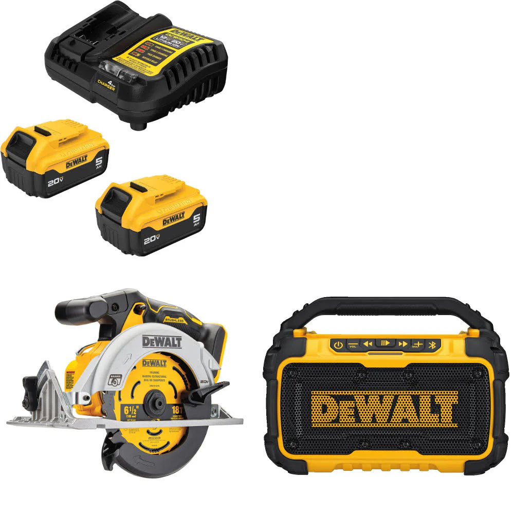 DeWalt DCB205-2C 20V MAX Starter Kit W/ DCS565B 20V Circ Saw & 12/20V Speaker - Mactool Shop