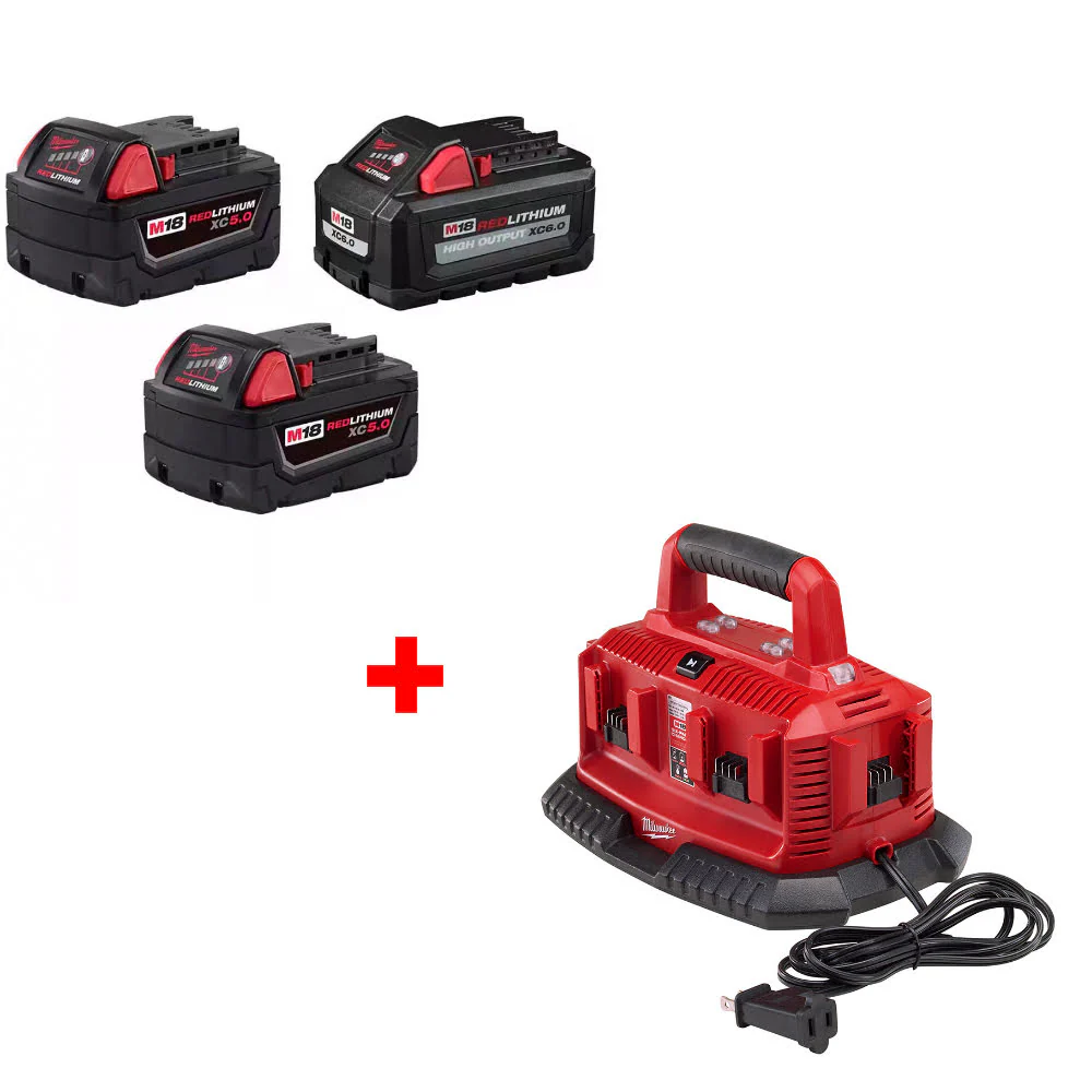 Milwaukee 48-11-1856 M18 Battery 3-Pack W/ FREE 48-59-1806 M18 6-Pack Charger - Mactool Shop