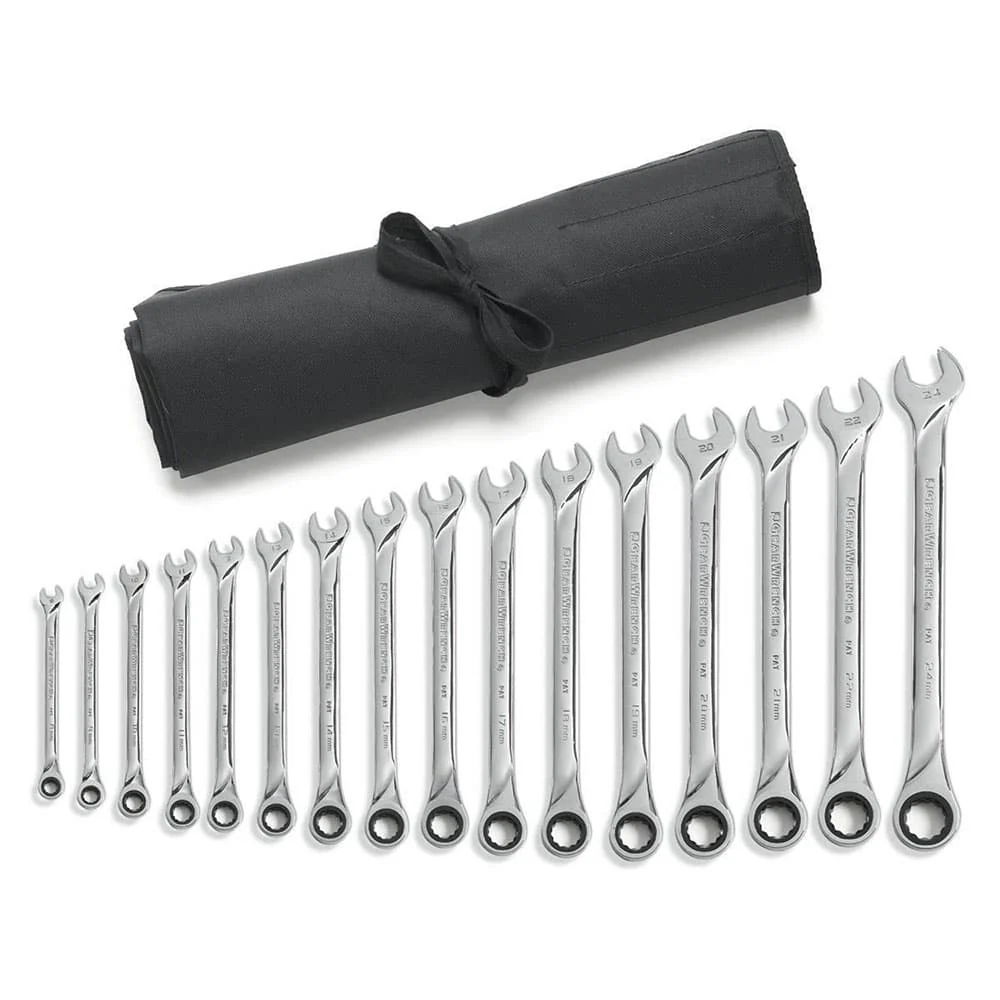 GearWrench 85099R 16 Pc. 72-Tooth 12 Point XL Ratcheting Combination Metric Wrench Set with Tool Roll - Mactool Shop
