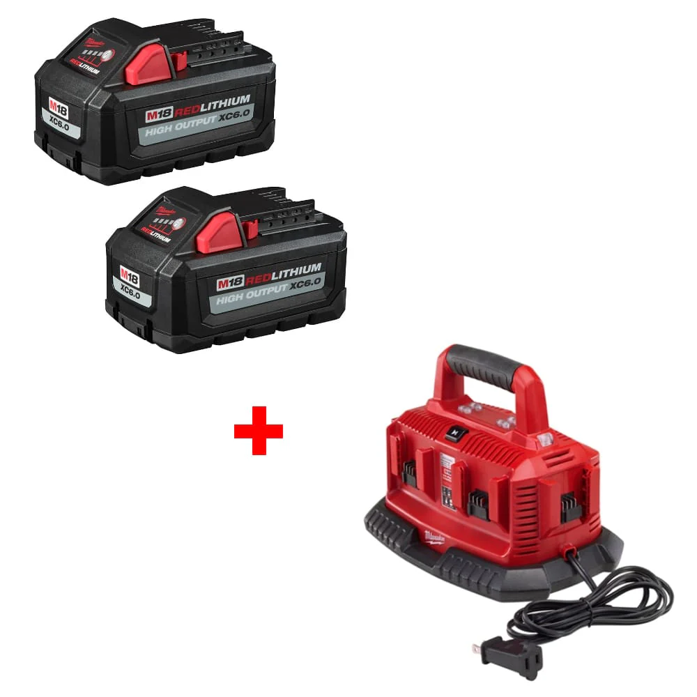 Milwaukee 48-11-1862 M18 XC6.0 Battery 2Pk w/ FREE 48-59-1806 M18 6Pk Charger - Mactool Shop