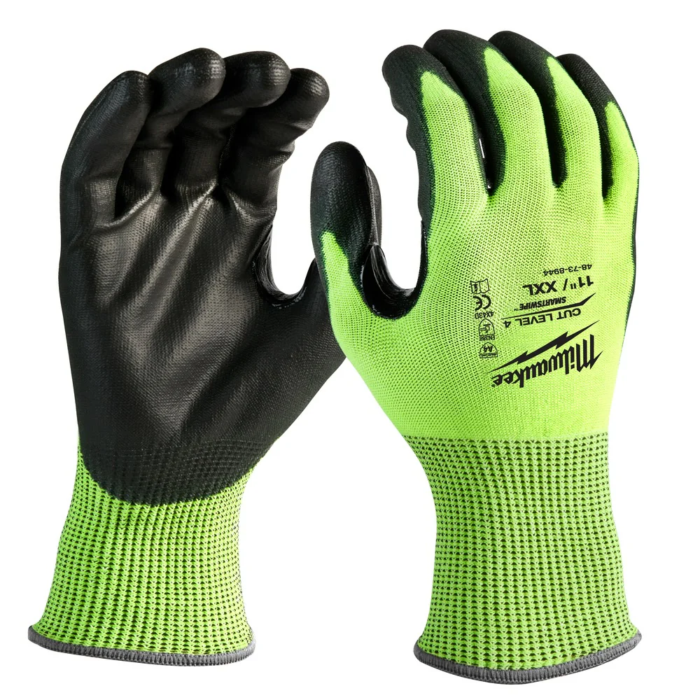 Milwaukee 48-73-8944 High Visibility Cut Level 4 Polyurethane Dipped Safety Gloves- 2X-Large - Mactool Shop