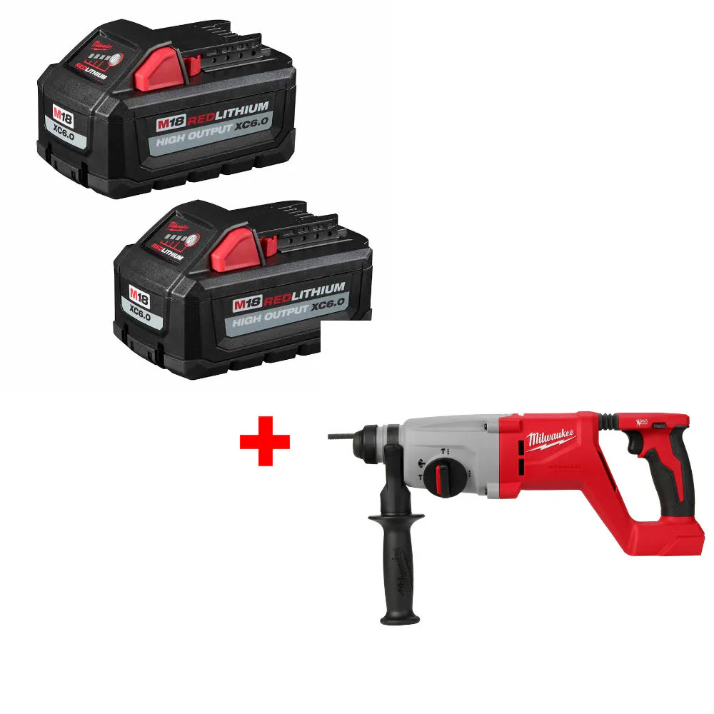 Milwaukee 48-11-1862 M18 XC6.0 Battery 2-Pack W/ FREE 2613-20 M18 Rotary Hammer - Mactool Shop