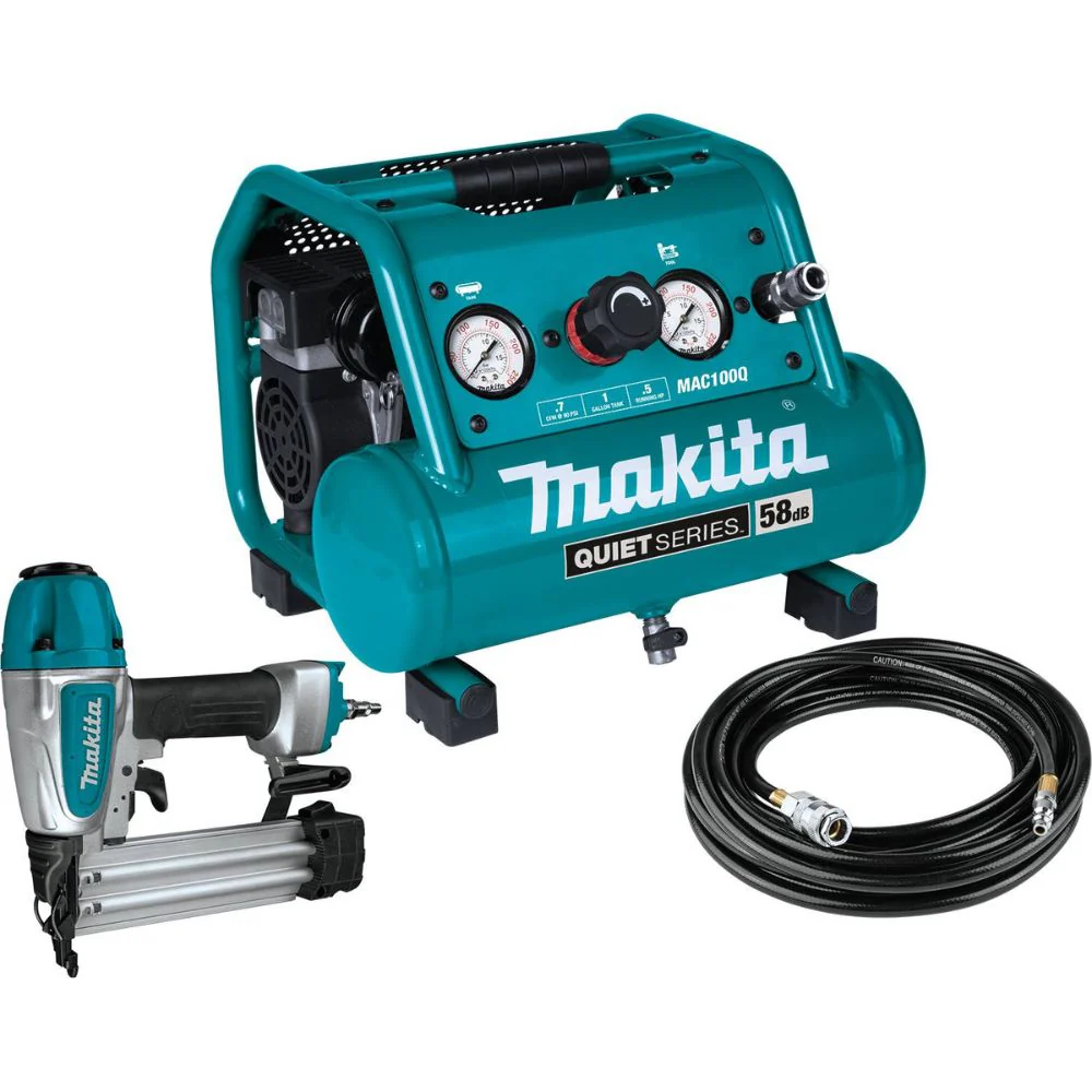 Makita MAC100QK1 Quiet Series 1/2 HP, 1 Gallon Compact, Oil-Free, Electric Air Compressor, and 18 Gauge Brad Nailer Combo Kit - Mactool Shop