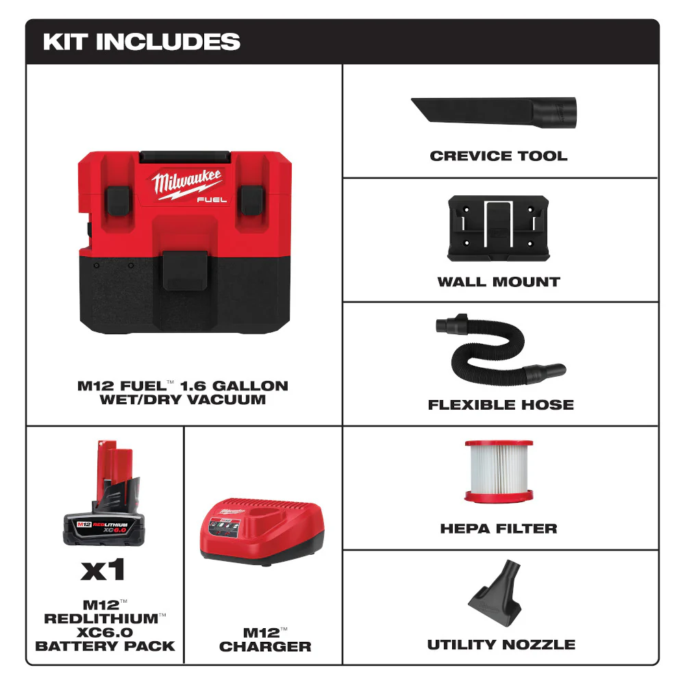 Milwaukee 0960-21 M12 FUEL 1.6 Gallon Wet/Dry Vacuum Kit - Mactool Shop
