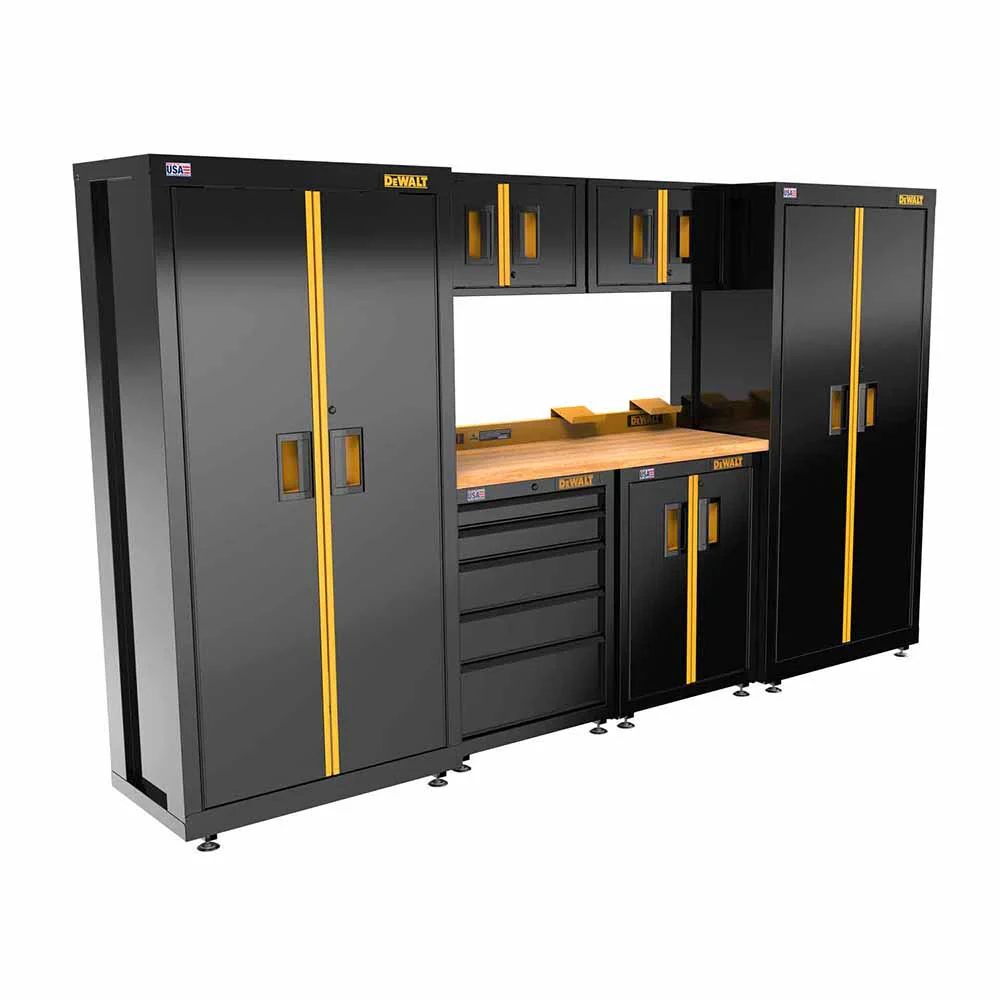 DeWalt DWST27501 Welded Storage Suite: 126-in Wide, 7 Piece Suite with 2-Door and 5-Drawer Base Cabinets and Wood Top - Mactool Shop
