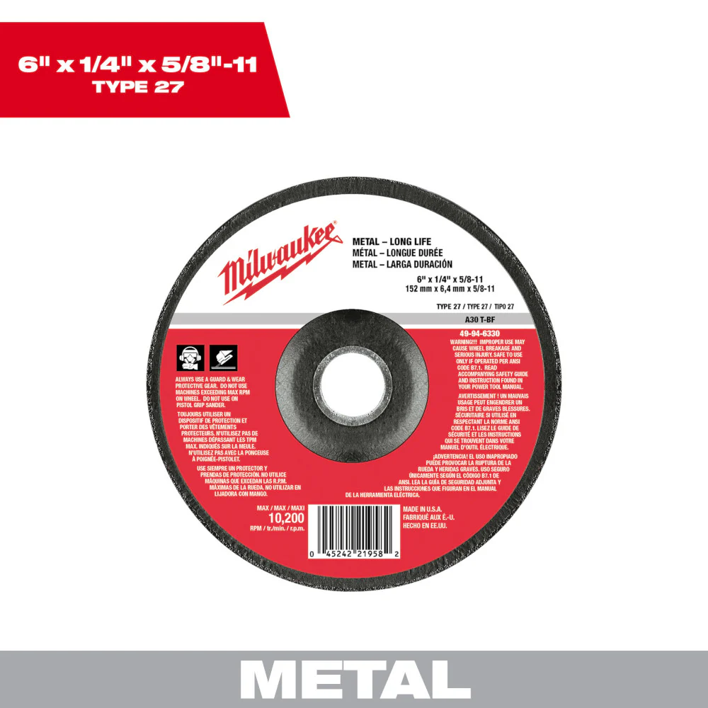 Milwaukee 49-94-6330 6 in. x 1/4 in. x 5/8-11 in. Grinding Wheel (Type 27) - Mactool Shop