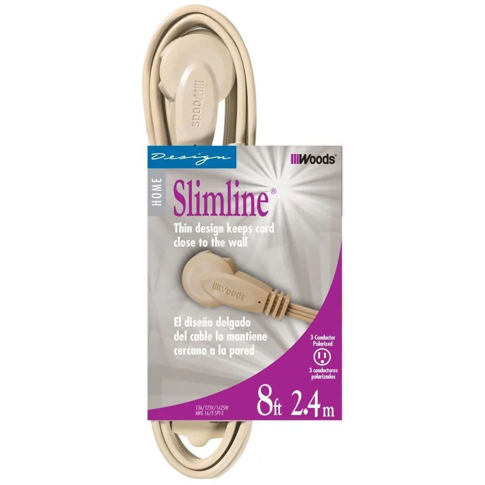 SlimLine 2254 Flat Plug Extension Cord, 3-Wire, 8-Foot, Beige - Mactool Shop