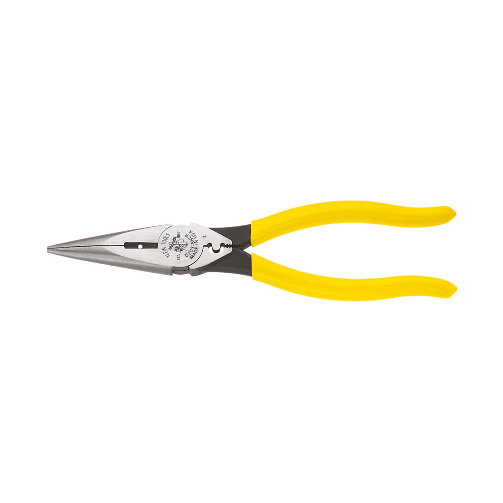 Klein Tools D203-8NCR Pliers, Long Nose Side Cutters, Strip/Crimp 8