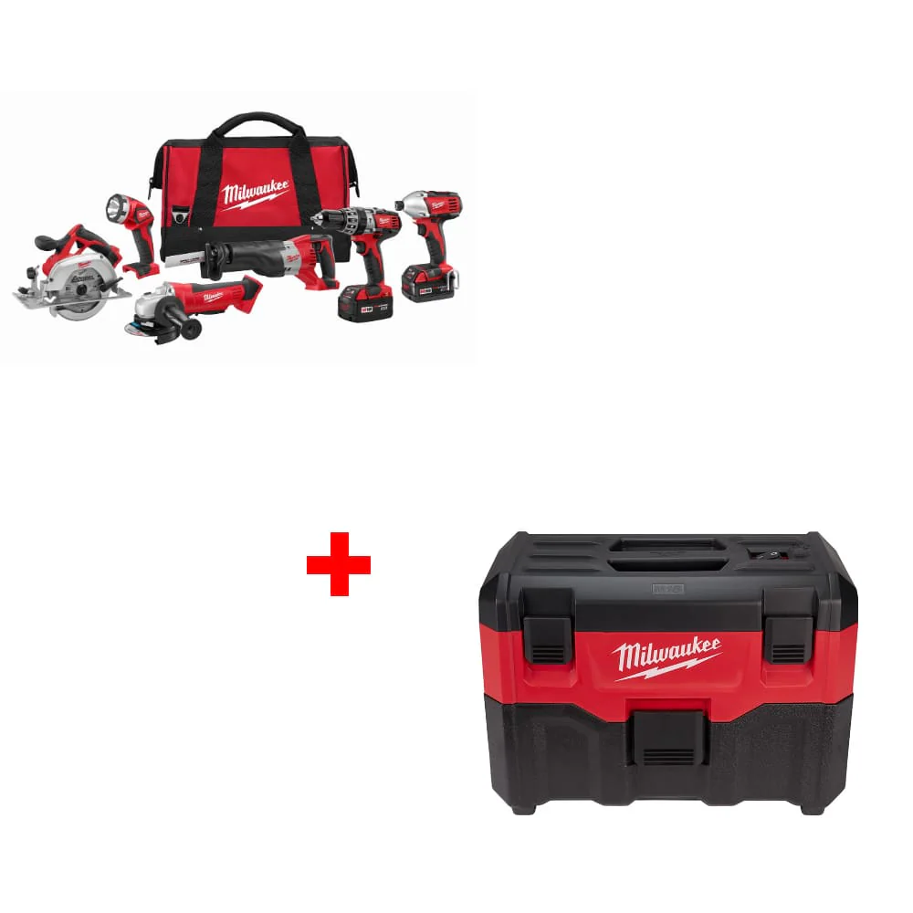 Milwaukee 2696-26 M18 6-Tool Combo Kit w/ Two FREE 0880-20 18V Wet/Dry Vacuum, Bare - Mactool Shop
