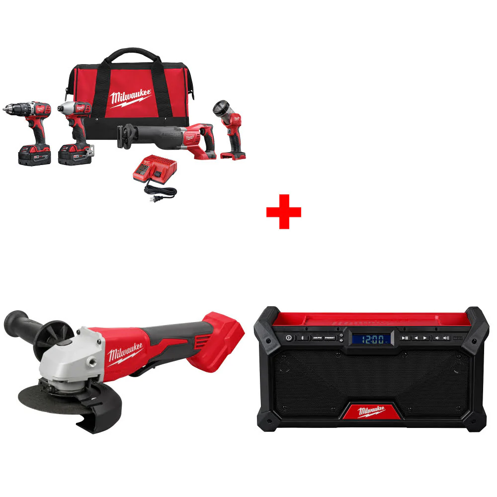 Milwaukee 2696-24 M18 4-Tool Combo Kit W/ FREE 2686-20 18V Grinder & M18 Radio - Mactool Shop