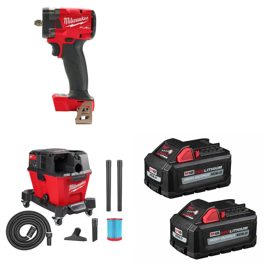 Milwaukee 2854-20 M18 Impact Wrench W/ 0910-20 M18 Vacuum & FREE Battery 2 Pack - Mactool Shop