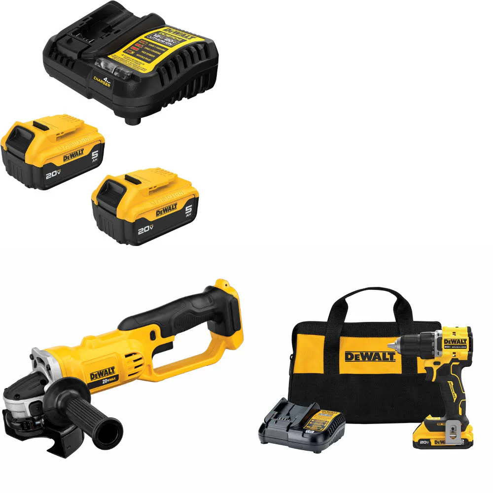 DeWalt DCB205-2C 20V MAX Starter Kit W/ DCG412B Cut-Off Tool & Drill/Driver Kit - Mactool Shop