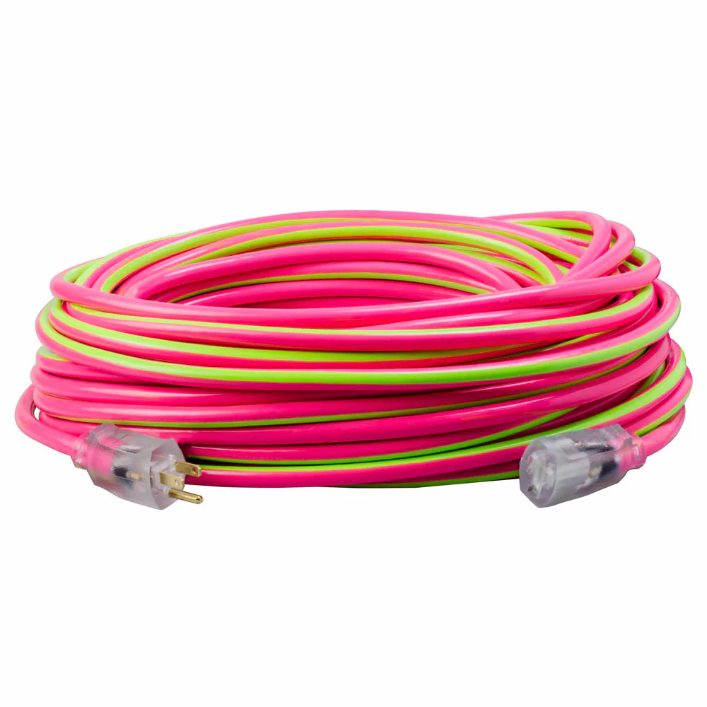 Southwire 2549SW0077 12/3 100' SJTW Pink/Green Extension Cord with Lighted End - Mactool Shop