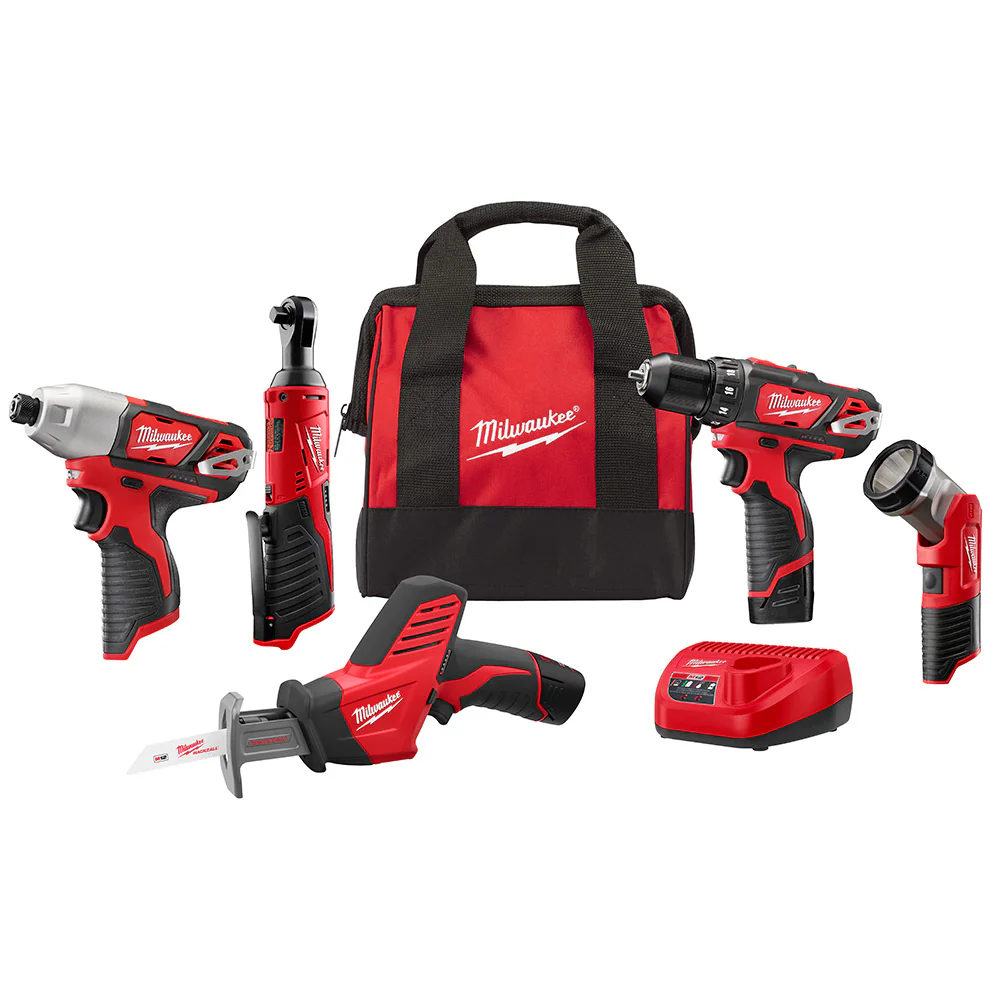 Milwaukee 2498-25Y M12 12-Volt Lithium-Ion Cordless Combo Kit (5-Tool) with (2) 1.5Ah Batteries, Charger and Tool Bag - Mactool Shop