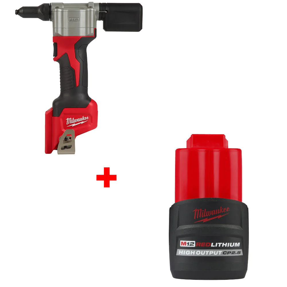 Milwaukee 2550-20 M12 Rivet Tool, Bare W/ FREE 48-11-2425 M12 CP2.5 Battery Pack - Mactool Shop