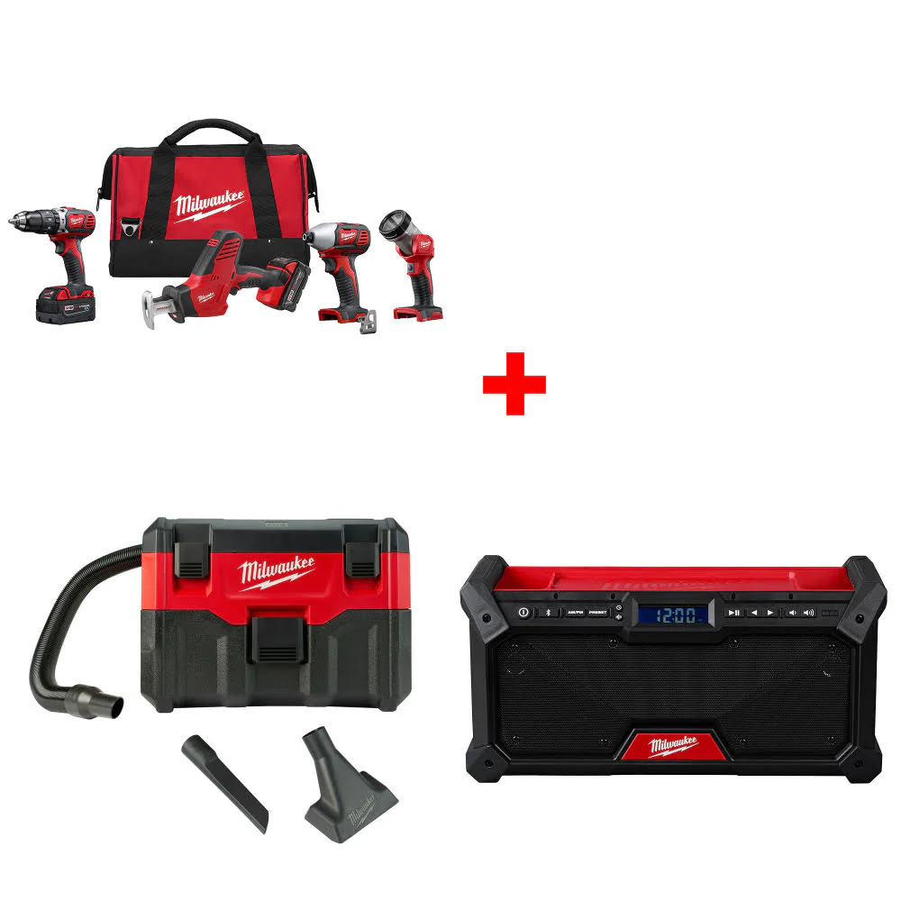 Milwaukee 2695-24 M18 4-Tool Combo Kit W/ FREE 0880-20 18V Vacuum & M18 Radio - Mactool Shop