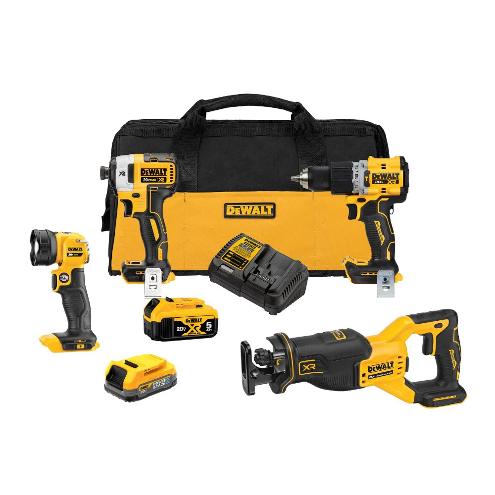 DEWALT DCK449E1P1 20V MAX* XR® Brushless 4-Tool Combo Kit with DEWALT POWERSTACK™ Compact Battery and 5.0Ah Battery - Mactool Shop