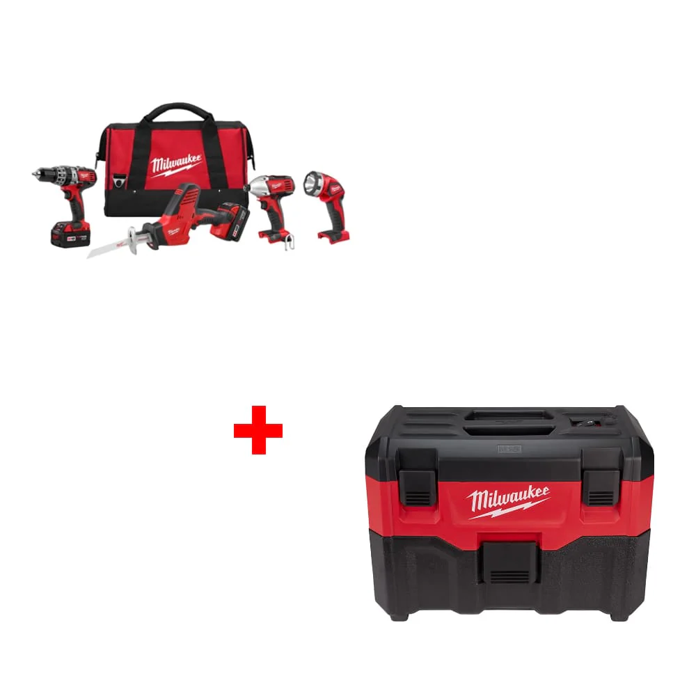 Milwaukee 2695-24 M18 4-Tool Combo Kit w/ Two FREE 0880-20 18V Wet/Dry Vacuums - Mactool Shop