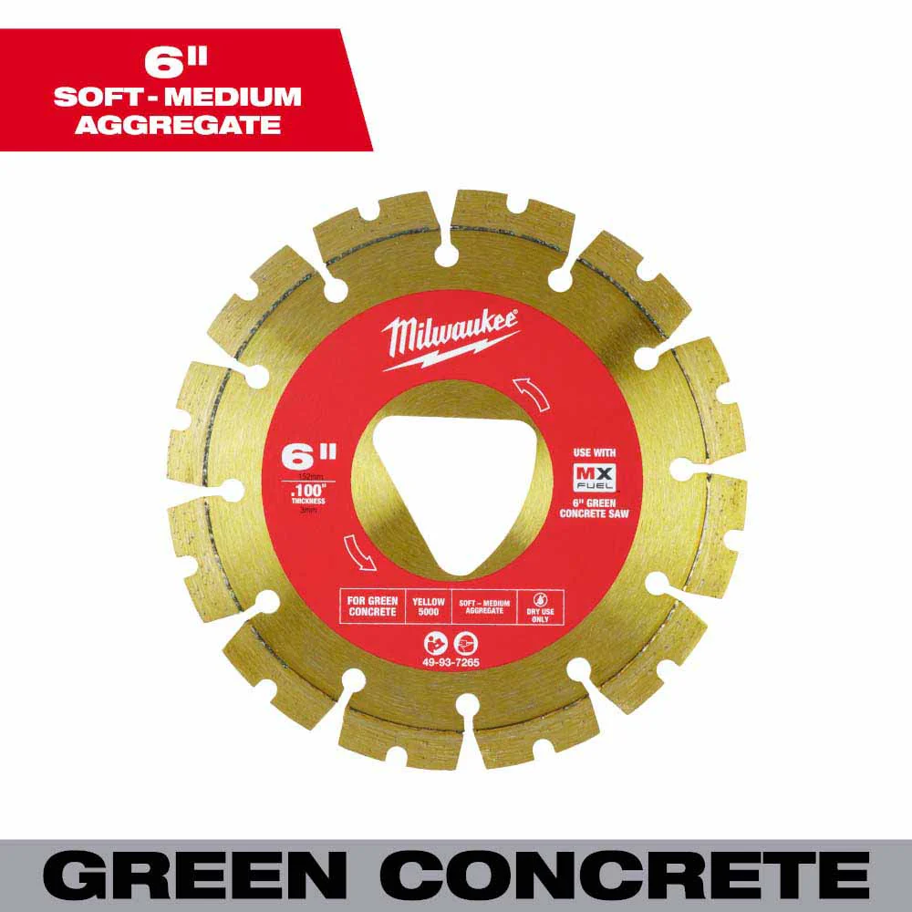 Milwaukee 49-93-7265 Yellow 6” x .100” Diamond Blade for Green Concrete - Mactool Shop