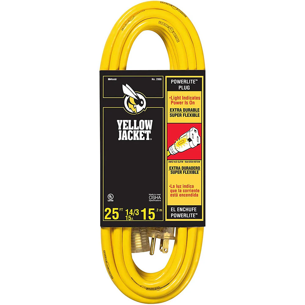Yellow Jacket 2886 UL Listed 14/3 15 Amp Premium SJTW 25' (7.62M) Extension Cord with Grounded - Mactool Shop