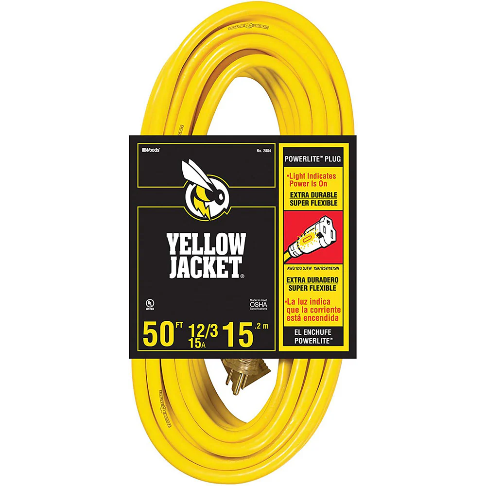 Yellow Jacket 283428 2884 12/3 Heavy-Duty 15-Amp SJTW Contractor Extension Cord with Lighted En - Mactool Shop