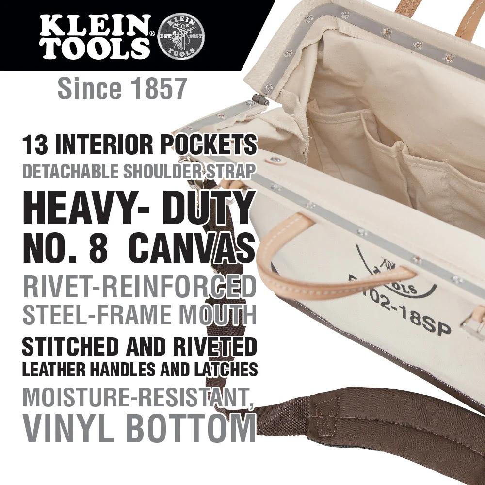 Klein 510218SP Deluxe Tool Bag, Canvas, 13 Pockets, 18